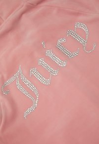 Roze fluwelen stof toont het woord "b*itch" versierd met zilveren rhinestones, met een gladde textuur en prominente glanzende accenten.