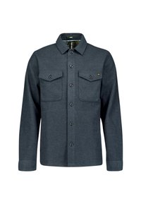 Donkergrijze flanellen shirt met een knoopsluiting aan de voorkant, twee borstzakken en een puntige kraag. Heeft zwarte knopen en een zachte textuur.