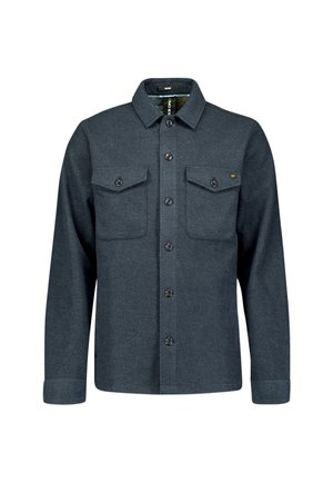 Dunkelgraues Flanellhemd mit durchgehender Knopfleiste, zwei Brusttaschen und spitzem Kragen. Verfügt über schwarze Knöpfe und eine weiche Textur.