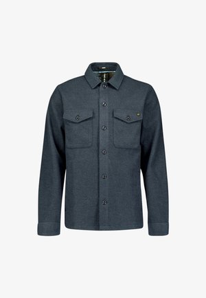 Dunkelgraues Flanellhemd mit durchgehender Knopfleiste, zwei Brusttaschen und spitzem Kragen. Verfügt über schwarze Knöpfe und eine weiche Textur.