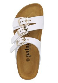 White sandals with three adjustable straps featuring gold buckles. The footbed is brown with a textured finish, marked "palado" inside.