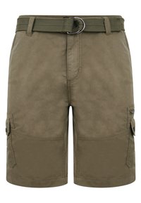 Olijfgroene cargoshorts met een geweven riem, knoopdetails, zijzakken en een gestructureerde stofafwerking. Rechte snit met versterkte stiksel.