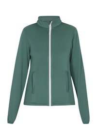 Grüne Zip-Jacke mit hohem Kragen, aus einem glatten Stoff gefertigt. Verfügt über zwei Seitentaschen und lange Ärmel mit elastischen Bündchen.