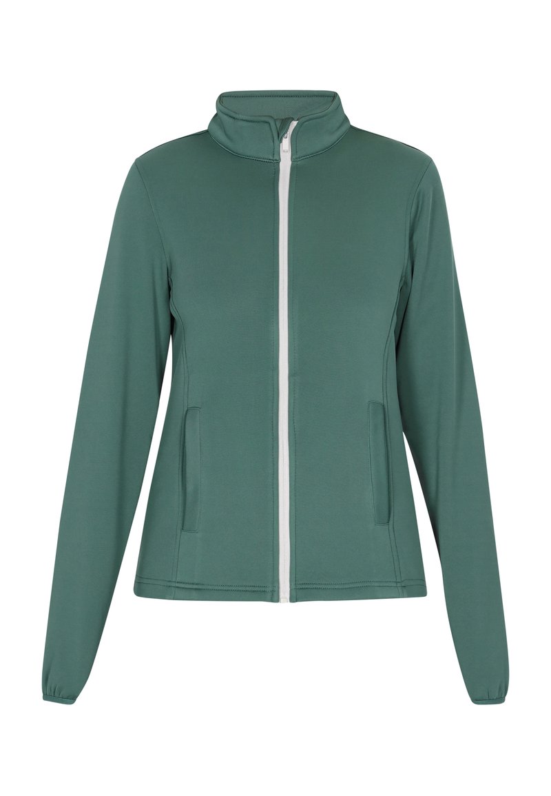 Grüne Zip-Jacke mit hohem Kragen, aus einem glatten Stoff gefertigt. Verfügt über zwei Seitentaschen und lange Ärmel mit elastischen Bündchen.