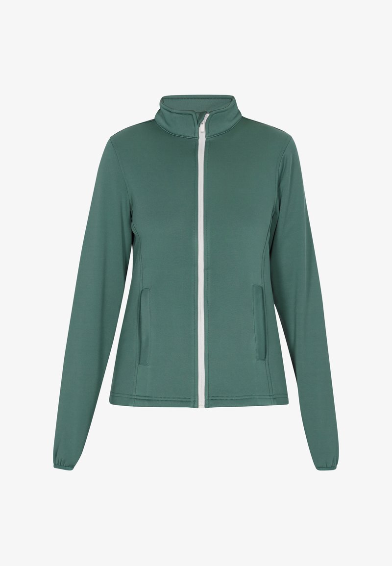 Giacca verde con zip e colletto alto, realizzata in un tessuto liscio. Presenta due tasche laterali e maniche lunghe con polsini elastici.