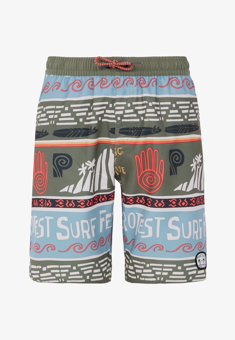 Vyrų maudymosi šortai žaliai, mėlynai ir baltai. Savo dizainu turi bangų, rankų ir lapų motyvus. Elastinga juosmens juosta su reguliuojamu raiščiu.