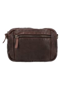 Brown leather rectangular crossbody bag with a textured surface, top zipper closure, and a front zippered pocket. Accented with a brown leather zipper pull.