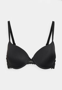 Sutiã preto acolchoado com alças ajustáveis, copas de tecido suave, rendas nas laterais e um design sem costuras.