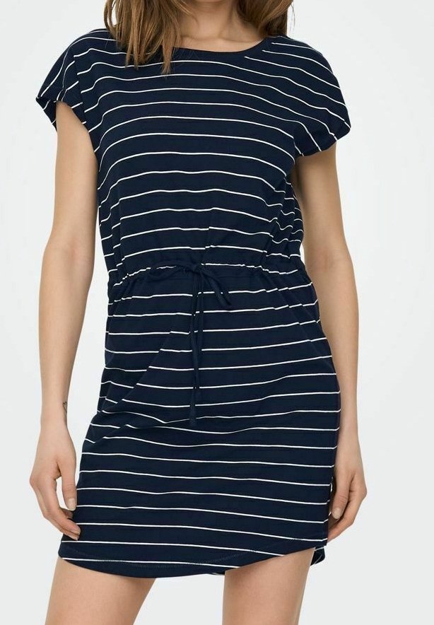 Marineblaues gestreiftes Kleid mit kurzen Ärmeln, tailliertem Schnitt und Schnürdetails. Weicher Stoff, knielang, mit weißen horizontalen Streifen.