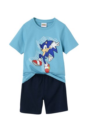 Blue short-sleeve shirt with Sonic the Hedgehog graphic paired with plain dark blue elastic waist shorts.