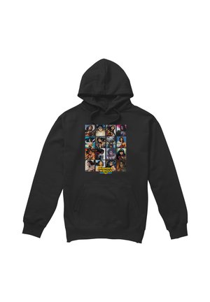 Black hoodie featuring a collage of Wonder Woman comic-style portraits in a grid with the Wonder Woman logo at the bottom center.