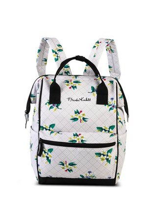 Rucksack mit floralem Muster auf hellgrauem Stoff, schwarzen Akzenten, gepolsterten Trägern, einem oberen Griff und einer vorderen Reißverschlusstasche. Frida Kahlo-Branding.