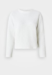 Weißes Langarmoberteil mit Rippstruktur und Rundhalsausschnitt. Das cropped Design hat einen flachen Saum und dezente Nähdetails.