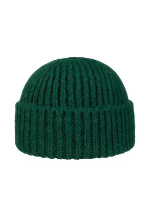 Dark green ribbed knit beanie with folded brim, made of thick wool material for warmth and comfort.
