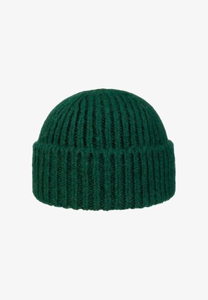 Dark green ribbed knit beanie with folded brim, made of thick wool material for warmth and comfort.