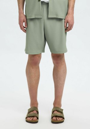 Lichtgroene geribde shorts met een relaxte fit en zijzakken, gecombineerd met een bijpassend T-shirt met korte mouwen en olijfgroene sandalen.