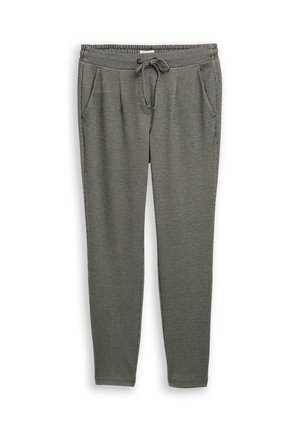 Gray knit trousers featuring a drawstring waistband, two front pockets, and a tapered leg design. Textured fabric with a subtle pattern.