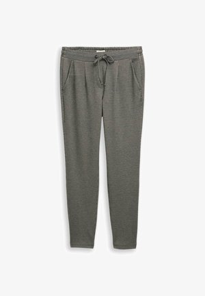 Pantalons en tricot gris avec une taille élastique à cordon de serrage, deux poches avant et une conception à jambes fuselées. Tissu texturé avec un motif subtil.