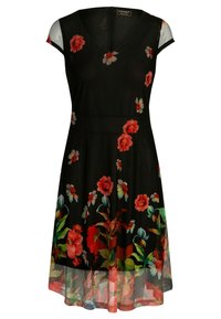 Vestido negro con mangas cortas, escote en V, patrón floral en rojo y verde. Parte inferior transparente con flores de colores y sección superior sólida.