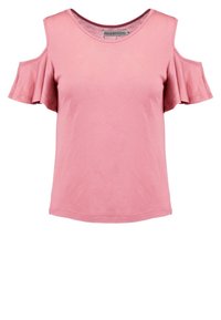 Pink short-sleeve top with cold shoulder design and ruffled sleeves. Made of soft fabric, featuring a round neckline and relaxed fit.