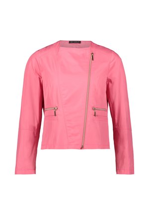 Rosa synthetische Jacke mit tailliertem Design, diagonalem Reißverschluss, zwei vorderen Reißverschlusstaschen und langen Ärmeln.