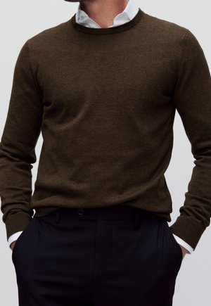 Mand iført mørkebrun rundhalset sweater over hvid skjorte med krave samt sorte bukser, hænderne i lommerne, foran ensfarvet baggrund.