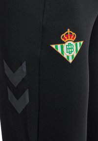 Tissu noir avec un badge d'équipe sportive rayé vert et blanc surmonté d'une couronne et de deux bandes en chevrons foncées sur le côté.