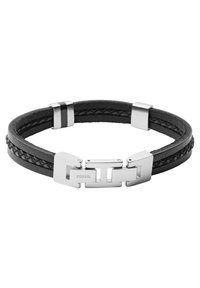 Bracelet en cuir noir avec texture tressée, matériel en métal de couleur argentée et fermoir de conception rectangulaire. Logo gravé sur le matériel.