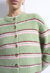 Γυναίκα που φοράει ένα πράσινο χνουδωτό ζακέτα με οριζόντιες ροζ, λευκές και κόκκινες ρίγες, και καφέ κουμπιά στο μπροστινό μέρος.