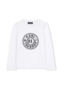 Camiseta de manga larga blanca con un logo circular central que lleva el texto "KARL LAGERFELD" y un diseño de acento negro. Textura de algodón suave.