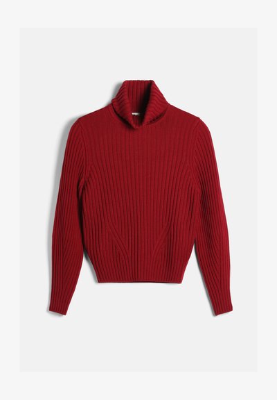 Pull à col roulé en maille côtelée rouge avec manches longues, présenté à plat sur fond blanc.