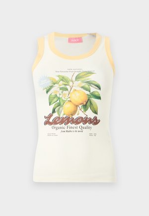 Krém színű ujjatlan felső sárga szegéllyel, citromág mintával és a "Lemons Organic Finest Quality from Malibu to the world" felirattal.