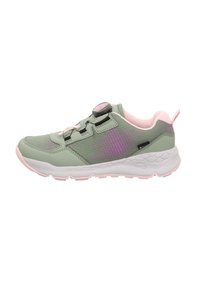Baskets de sport vert clair avec des accents roses, dot�ées d'une tige en maille, de semelles texturées et d'un mécanisme de fermeture à molette pour un maintien sûr.