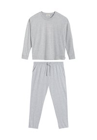 Szary dres bawełniany składający się z długiego topu z napisem "TAKE IT EASY" w kolorze różowym oraz dopasowanych spodni o luźnym kroju z elastycznym pasem. 