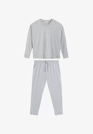 Szary dres bawełniany składający się z długiego topu z napisem "TAKE IT EASY" w kolorze różowym oraz dopasowanych spodni o luźnym kroju z elastycznym pasem.