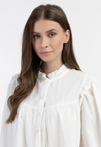 Blusa di cotone bianca con scollatura arricciata e maniche a sbuffo, con chiusura a bottoni sul davanti e pince verticali sotto il petto.