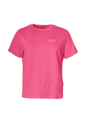 T-shirt à manches courtes rose vif avec un texte blanc en haut à gauche indiquant « N'oubliez pas de sourire » sur un fond uni.