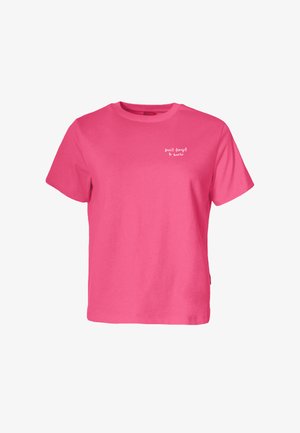 T-shirt à manches courtes rose vif avec un texte blanc en haut à gauche indiquant « N'oubliez pas de sourire » sur un fond uni.