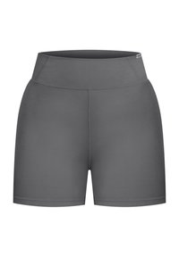Solid gray high-waisted athletic shorts with flatlock seams and a small logo tag on the waistband's right side.