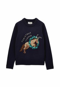 Marineblauer Strickpullover mit einem gestickten Rentier mit Geweihen und einem Kranz, Text " weihnachtspullover", gerippte Bündchen und Saum.