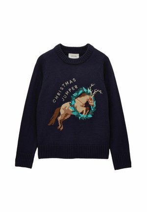 Navy knitted sweater featuring an embroidered reindeer with antlers and a wreath, text reading "CHRISTMAS JUMPER," ribbed cuffs and hem.