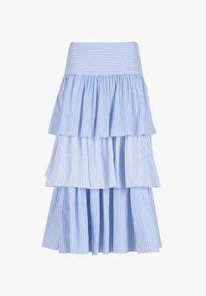 Zils un balts vertikālas svītras, pakāpju svārki ar platu, horizontāli svītrotu augstu jostasvietu.