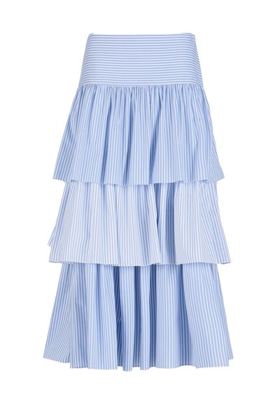 Blå og hvide lodrette stribede lagdelt nederdel med en bred, vandret stribet høj talje.