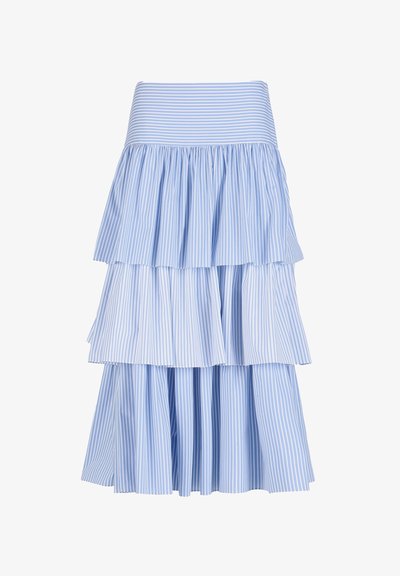 Blå og hvide lodrette stribede lagdelt nederdel med en bred, vandret stribet høj talje.