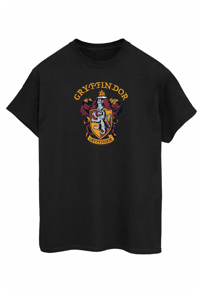 Black cotton t-shirt featuring a Gryffindor crest graphic in red, gold, and white, with text "GRYFFINDOR" above the crest. Short sleeves.