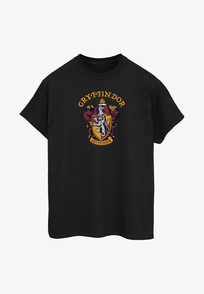 Zwarte katoenen T-shirt met een afbeelding van het Gryffindor-embleem in rood, goud en wit, met de tekst "GRYFFINDOR" boven het embleem. Korte mouwen.