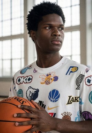 Ung mann som holder en basketball, iført en hvit skjorte dekket med ulike fargerike NBA-laglogoer, står i et lyst innendørs område.