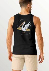 Black tank top featuring a white pelican graphic with yellow accents, and text reading "Long Beach California Surf Beach Neverless."