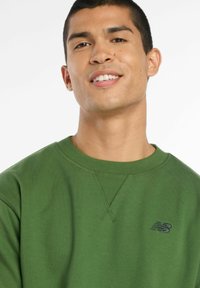 Sudadera verde hecha de tela suave con cuello y puños acanalados. Presenta un pequeño logo negro en el pecho. Diseño sencillo, corte clásico.