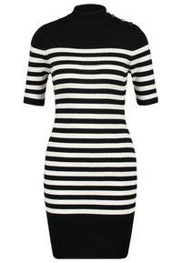 Musta-valkoraidallinen mekko, jossa on korkea kaulus, lyhyet hihat ja napitus olkapäällä sekä istuva, ribbineuloksinen pinta.